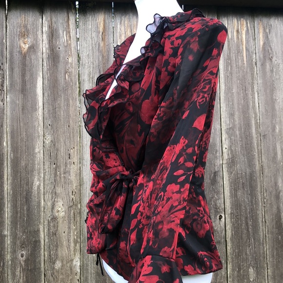 Connected Apparel Wrap Blouse w/ Ruffled collar & front w/ Side Tie & Longsleeve - Picture 8 of 11